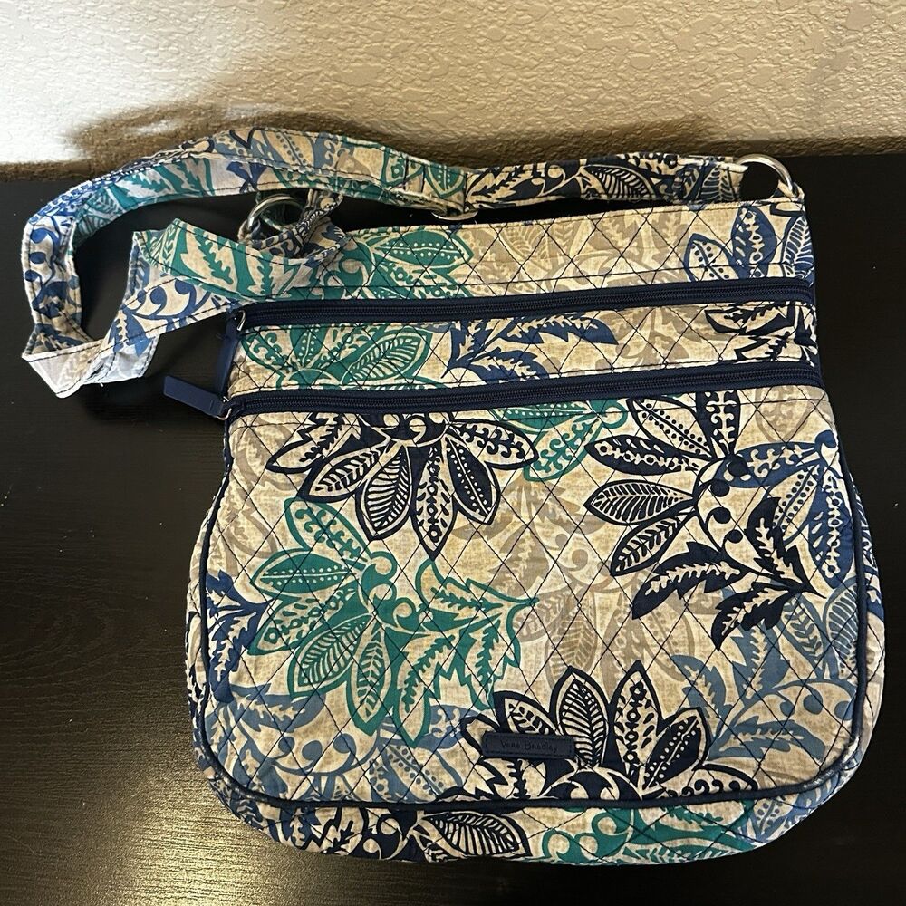 Vera Bradley Santiago Pattern Triple Zipper Hipster Crossbody Purse Blue Green